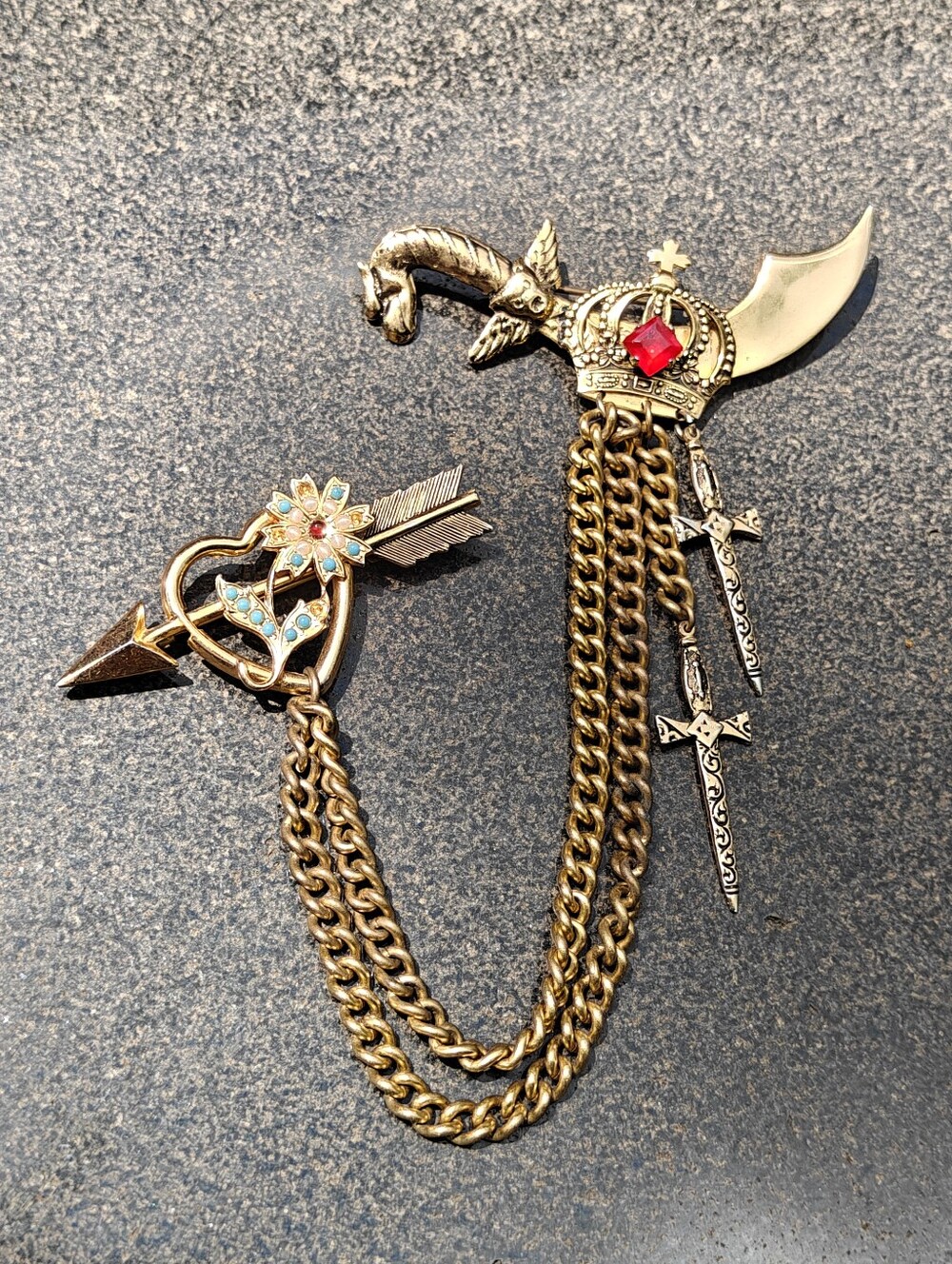 Vintage Heraldic Chatelaine Brooch Rhinestone Swords Saber Gold Tone